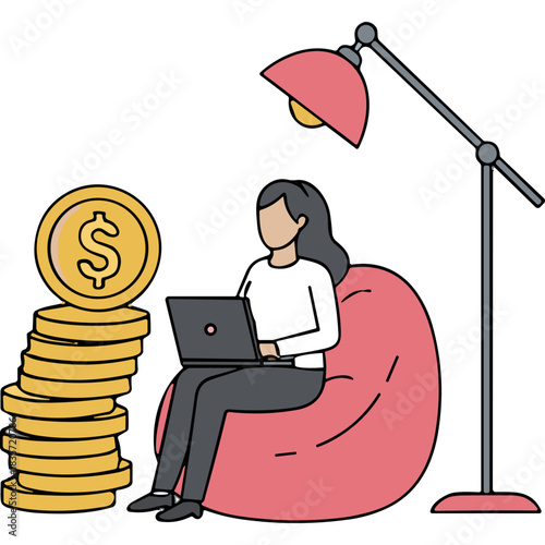 A Woman Sits Comfortably on a Beanbag Chair Working on a Laptop Next to a Stack of Gold Coins Illuminated by a Floor Lamp in a Simple Illustration Style