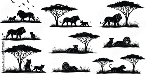 Lion silhouette savanna scene, wildlife family interaction, African nature landscape, acacia tree background, cub and adult pose, black vector design