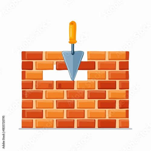 A cartoon illustration depicts a brick wall under construction with a trowel, showcasing the process of bricklaying and building.