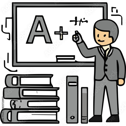 A Teacher in a Gray Suit Stands by a Whiteboard with an A+ Grade and Books Stacked Beside Him, Illustrating Education and Achievement