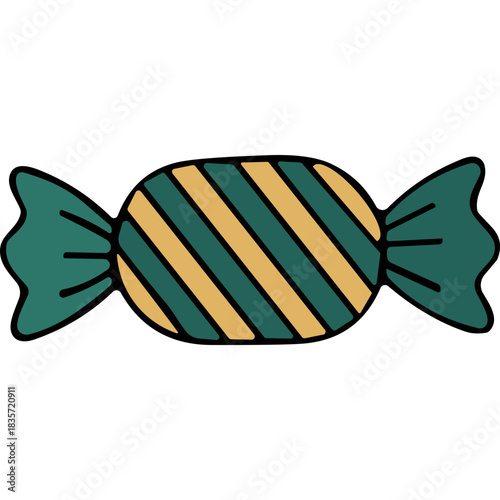 A Teal and Gold Striped Wrapped Candy with Green Ends on a Black Background
