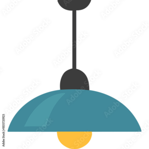 A Teal Dome Pendant Light Fixture with a Yellow Bulb Hanging from a Black Ceiling Mount Isolated on a Black Background with No Defects