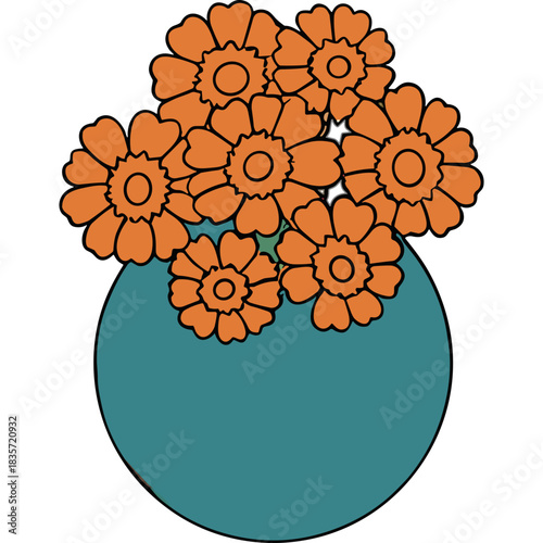 A Teal Vase Filled With Orange Marigolds And Green Leaves Against A Black Background Simple Artistic Line Drawing Style