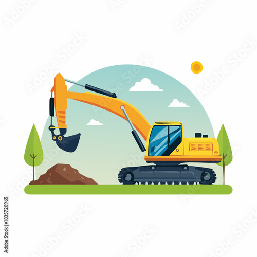 A vibrant illustration showcases a yellow excavator diligently working on a construction site, set against a bright sunny sky with fluffy clouds.