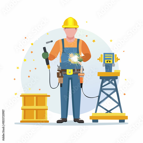 A construction worker in overalls welding metal with a bright spark, a yellow hard hat, and tools, with a digital level.