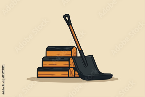 Clean vector illustration of stacked firewood with shovel on neutral background, suitable for autumn decor, outdoor themes, packaging, and promotional materials, with open space for text placement 