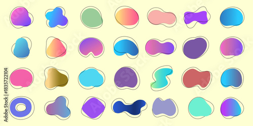 Gradient Organic blob vector set. Abstract blob shapes with smooth, vibrant fluid and colorful modern elements ideal for branding, digital graphics, posters, layouts, backgrounds and creative designs