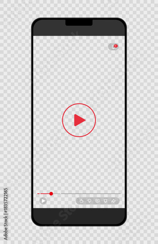 Vector vertical video player interface for mobile phone. Social media story streaming app layout. Smartphone screen with playback controls and user interaction.