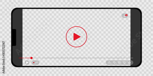 Vector mobile phone video player interface design. Smartphone screen with media playback controls. Digital multimedia app layout template for streaming service.