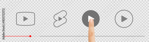 Vector video player interface with hand finger touch gesture. Mobile app media control interaction. Smartphone screen multimedia playback with user tapping.