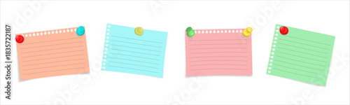 Set of paper notes with pins. Realistic vector collection of blank memo sheets and stickers fastened with push pins. Office reminder elements isolated .