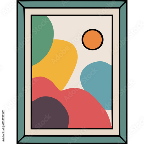 Abstract Artwork Featuring Organic Shapes and Bold Colors in a Teal Frame with a Small Orange Circle Sun Against a Neutral Background