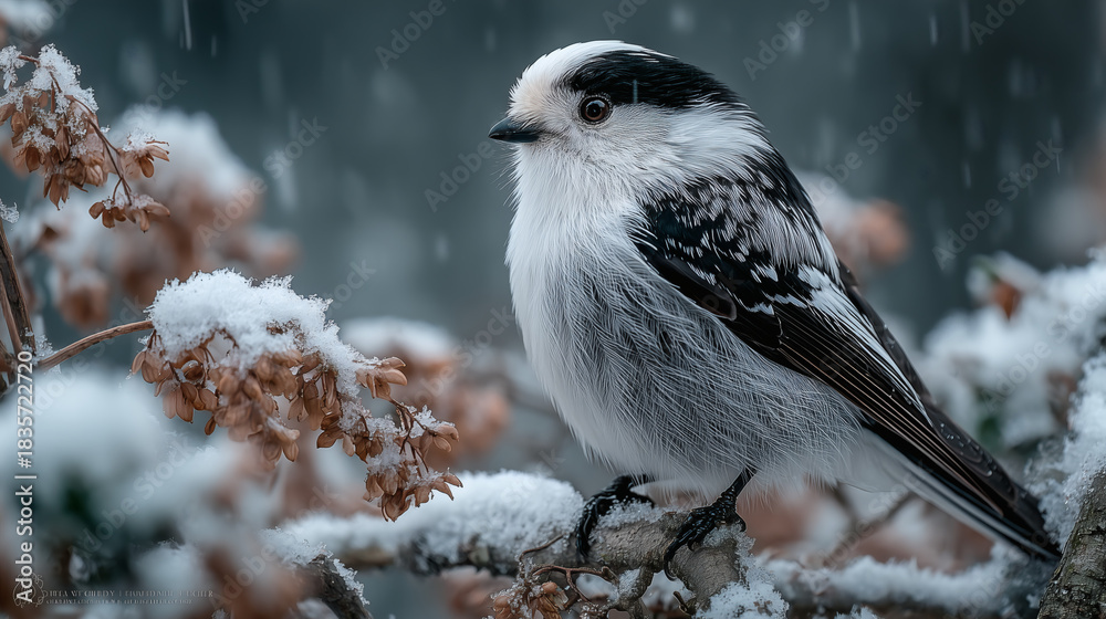 Obraz premium Fluffy Long Tailed Tit On Snowy Branch