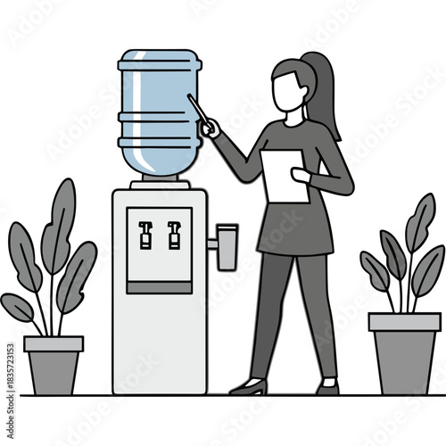 Businesswoman points to water cooler holding document with plants in background gray scale illustration office setting