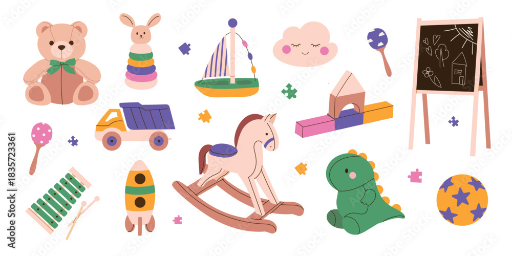 Fototapeta premium Cute kids toy set with teddy bear, rocking horse, dinosaur, truck, building blocks and preschool elements. Flat vector illustration for nursery designs, baby products, posters.