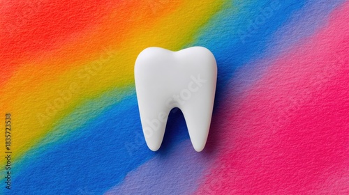 White Tooth on Vibrant Rainbow Background for Dental and Healthcare Concepts