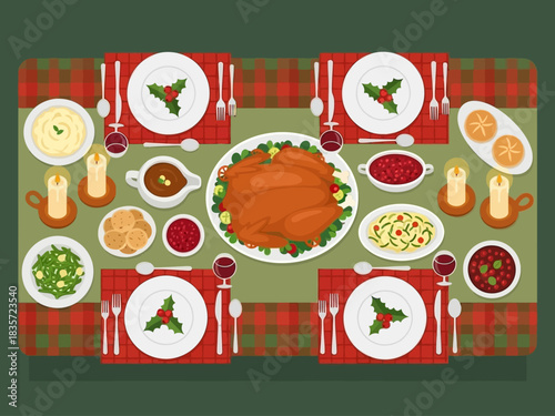 Festive Thanksgiving Table with Roasted Turkey and Holiday Dishes.