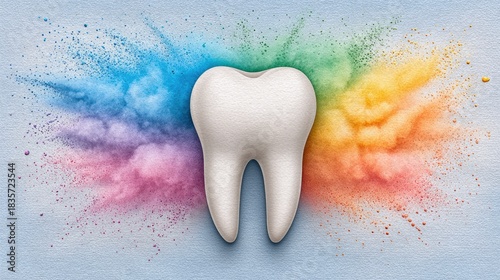 White Tooth with Colorful Powder Burst Representing Dental Care and Creativity