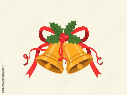 Festive Christmas Bells with Holly and Red Ribbon Decoration.