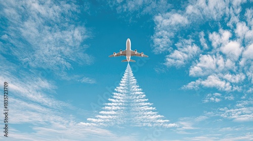 Airplane Creating Christmas Tree-Shaped Contrail in Blue Sky