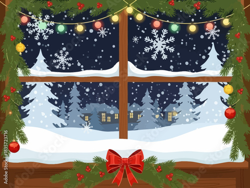 Festive Window View: Snowflakes Lights and Winter Landscape.
