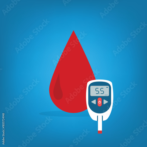 Diabetic Glucose measuring device with border indication sugar level. High glucose diabetes risk. Glucometer and blood drop. Vector illustration	