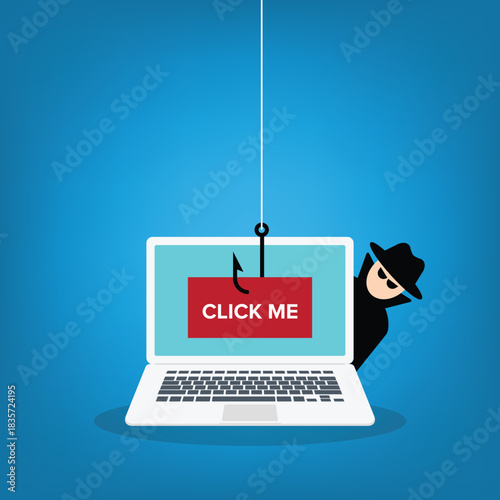 Click me bait used by hacker trying to steal confidential data, personal information and credit card detail a laptop computer.	
