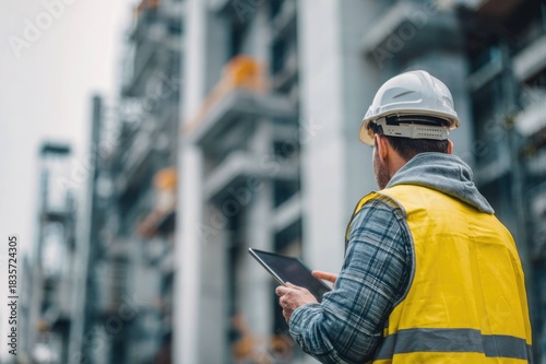 Rear view of construction worker holding a tablet at high-rise site