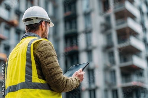 Rear view of construction worker holding a tablet at high-rise site