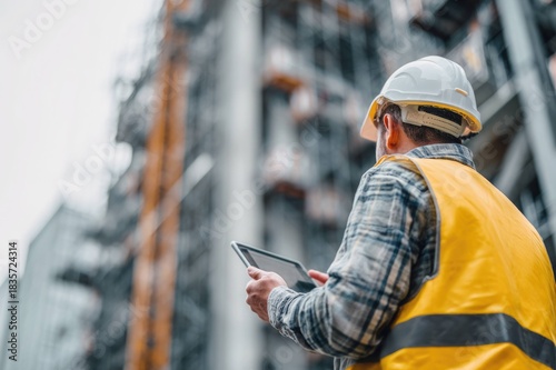 Rear view of construction worker holding a tablet at high-rise site