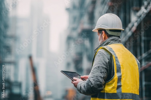 Rear view of construction worker holding a tablet at high-rise site