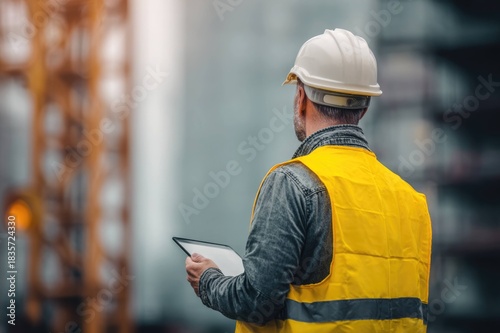 Rear view of construction worker holding a tablet at high-rise site