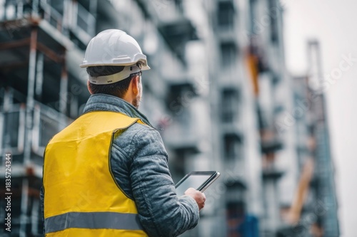 Rear view of construction worker holding a tablet at high-rise site