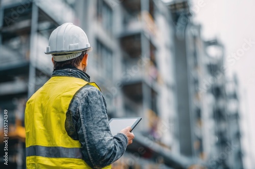 Rear view of construction worker holding a tablet at high-rise site