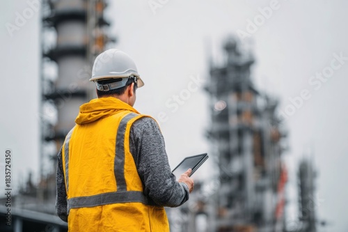 Rear view of construction worker holding a tablet at high-rise site