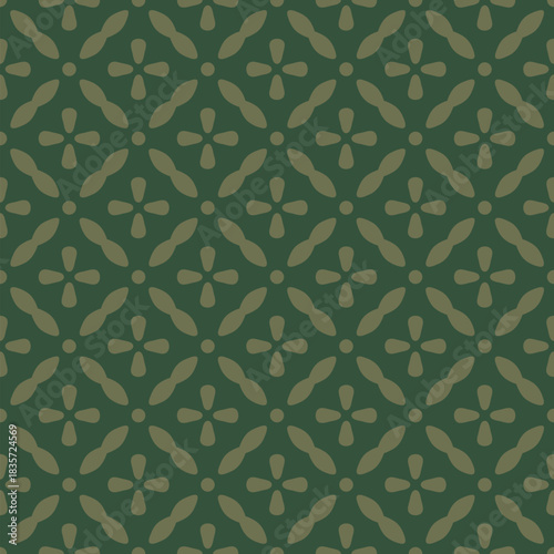 Abstract green floral vector seamless pattern. Simple ornament with flowers, tiles, lattice. Vintage minimal texture. Retro nostalgic old-fashioned background. Repeated mid-century style design
