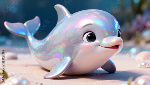 3D Cartoon Illustration of a Cute Smiling Dolphin with Iridescent Pearlescent Skin Resting on a Sandy Beach. Adorable Marine Animal Character. Tropical Ocean Wildlife Artwork