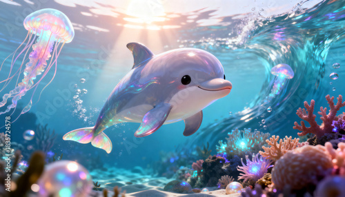 3D underwater scene with a cute smiling dolphin swimming among colorful jellyfish, vibrant coral reefs, and marine plants in a bright blue underwater environment.