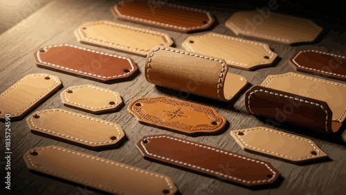 Collection of artisanal leather tags and accessories showcasing craftsmanship details