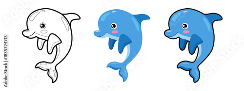Vector cartoon dolphins in a different style isolated on a white background. Perfect for kids’ educational materials, marine-themed projects, children's books, stickers, clipart sets, etc.