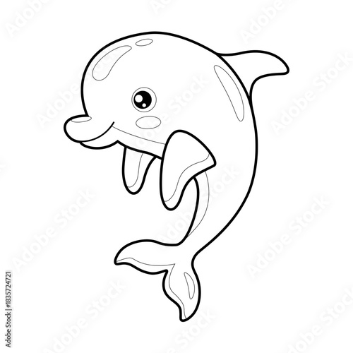 Black and white line drawing of a cartoon dolphin isolated on a white background, perfect for children's coloring pages, educational materials, marine-themed worksheets, nursery designs, etc.
