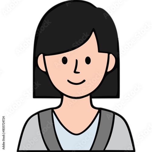 Cartoon portrait of a smiling young woman with short black hair wearing a grey sweater and light blue shirt isolated on a black background