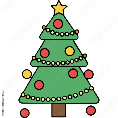 Cartoon Style Christmas Tree with Red and Yellow Ornaments and Twinkling Yellow Lights on a Black Background with a Yellow Star Topper