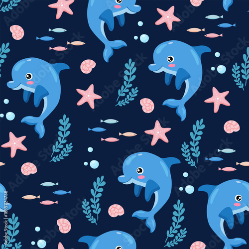 Vector seamless pattern featuring cute cartoon dolphins swimming in a dark blue ocean, surrounded by seaweeds, starfish, and small fish. Perfect for kids’ products, ocean-themed wallpapers, etc.