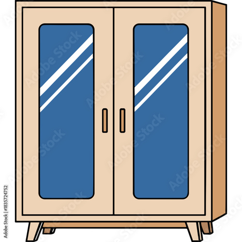 Cartoon Style Two Door Cabinet With Glass Panes And Wooden Frame Against A Plain Black Background