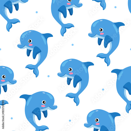 Vector seamless pattern of cheerful cartoon dolphins in playful poses on a white background with scattered light blue dots, perfect for children’s designs, kids’ textiles, wrapping paper, etc.