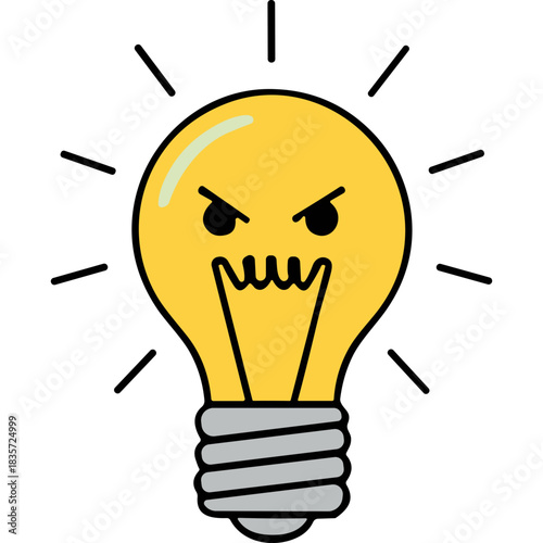 Angry Yellow Light Bulb Icon with Gritted Teeth and Dark Eyes on a Black Background Representing a Bad Idea or Frustration with Minimalist Design