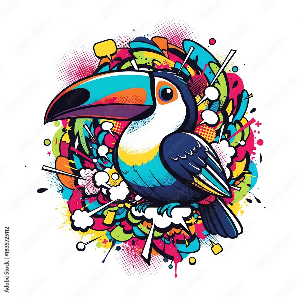 Fototapeta premium A toucan with a large colorful beak is perched on a vibrant abstract background