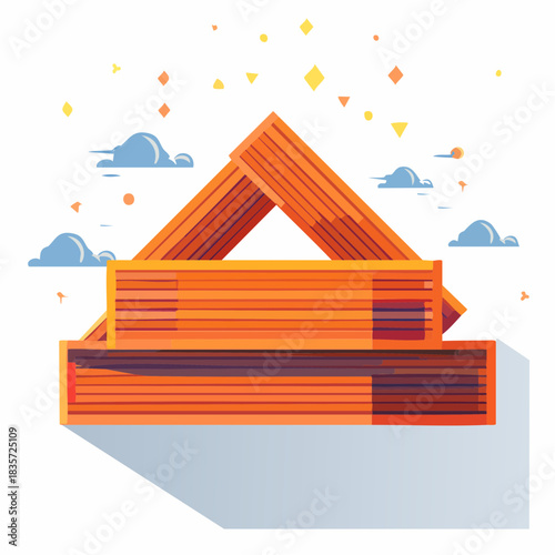 An abstract illustration of wooden blocks arranged in a playful, geometric structure with a whimsical sky background, showcasing creativity.