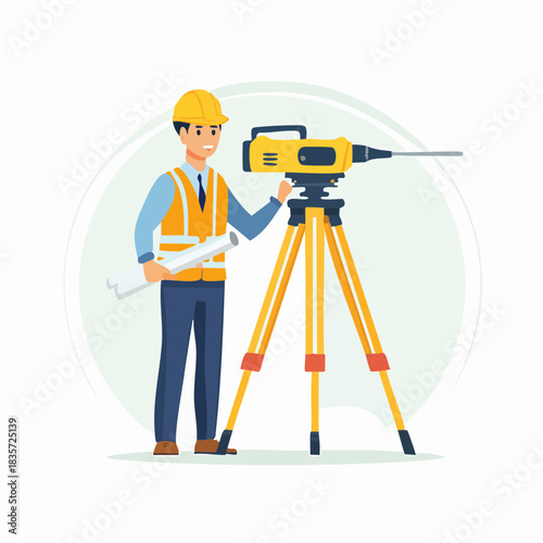 A smiling surveyor stands proudly next to his theodolite and blueprints, ready to ensure precision and accuracy in the construction project at hand.